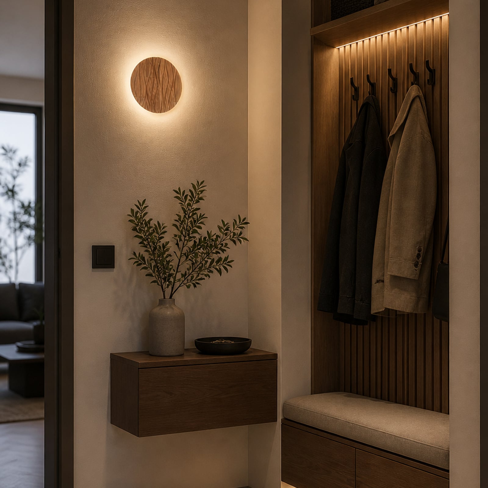 Atacama-LED-seinävalaisin, tammivärinen, halkaisija 19 cm, puu Atacama-LED-seinävalaisin, tammivärinen, halkaisija 19 cm, puu