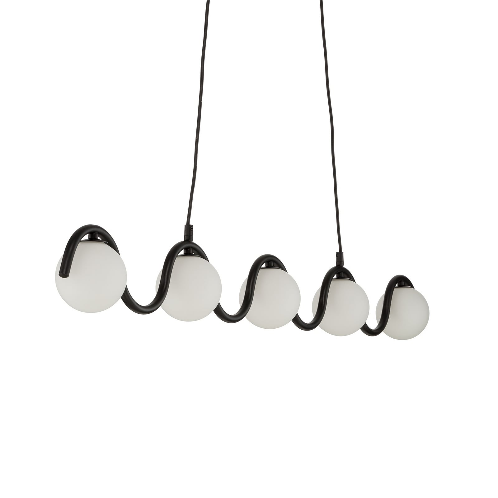 Lámpara colgante Sinus 5, negro/ópalo, cristal, longitud 110 cm