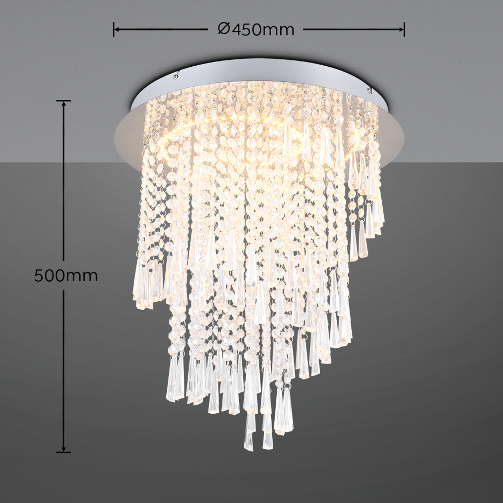 Plafonnier LED Pomp, Ø 45 cm, chrome, acrylique/métal, CCT