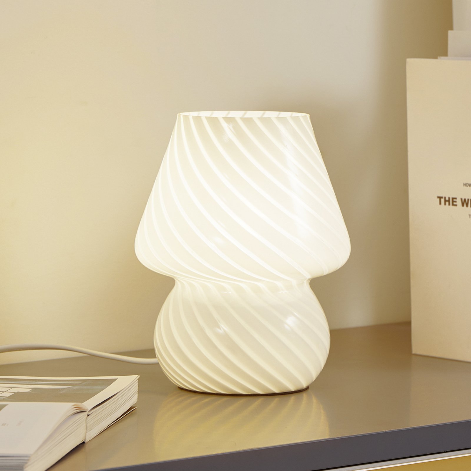 Lindby table lamp Andriana, yellow/white, glass, Ø 15 cm