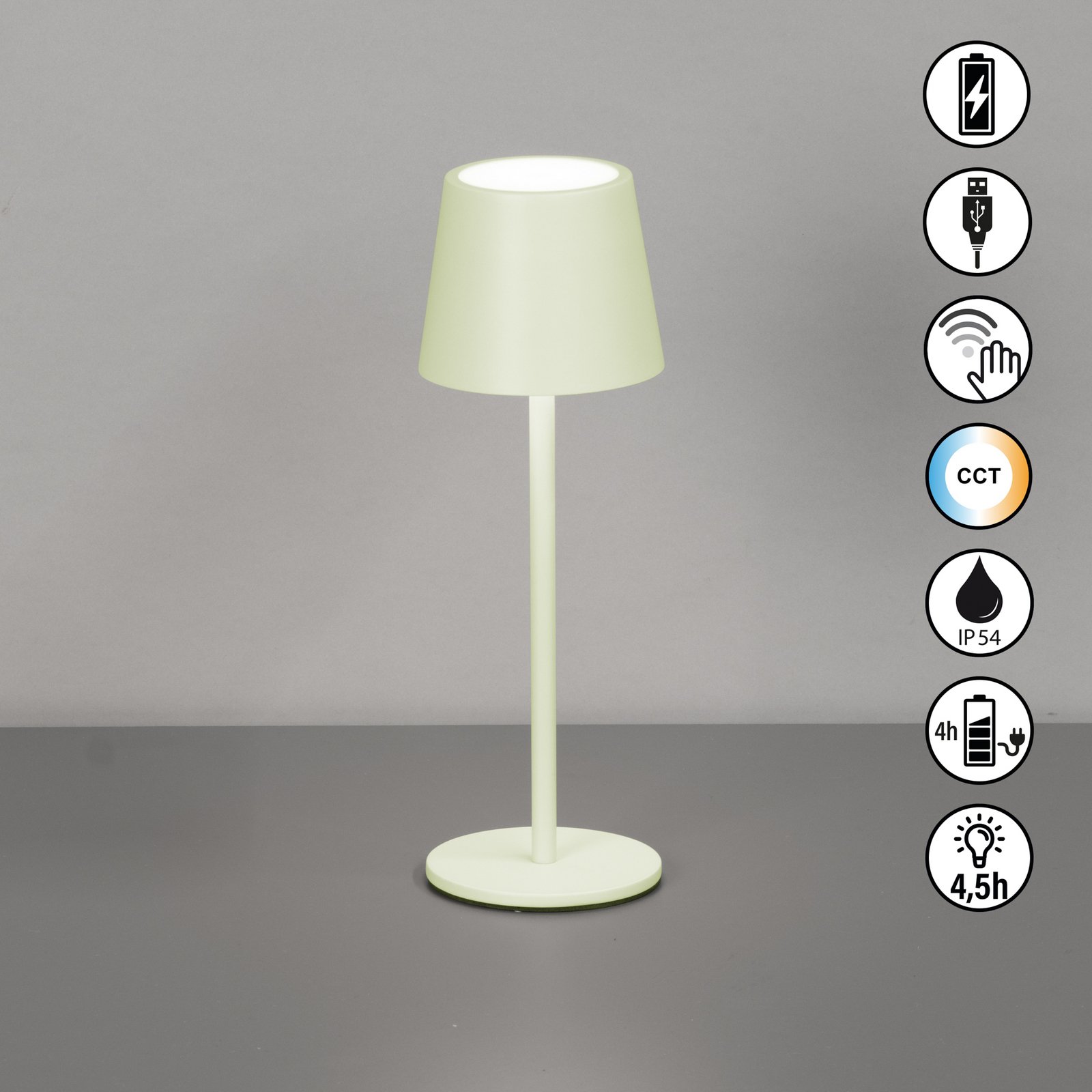 LED-Akku-Tischleuchte Roxi, mintgrün, Metall, IP54, Dimmer