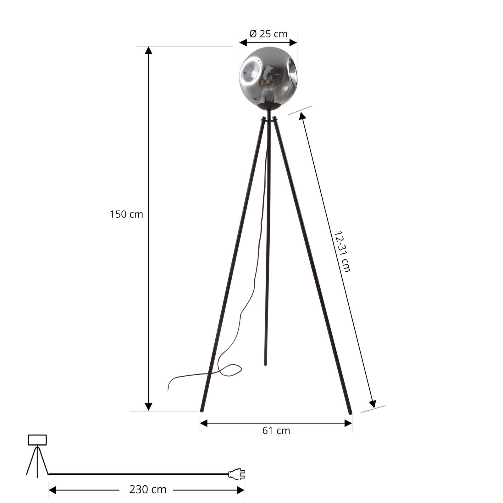 Lampa stojąca Lindby Valentina, E27, dymny szary, szkło, 150 cm