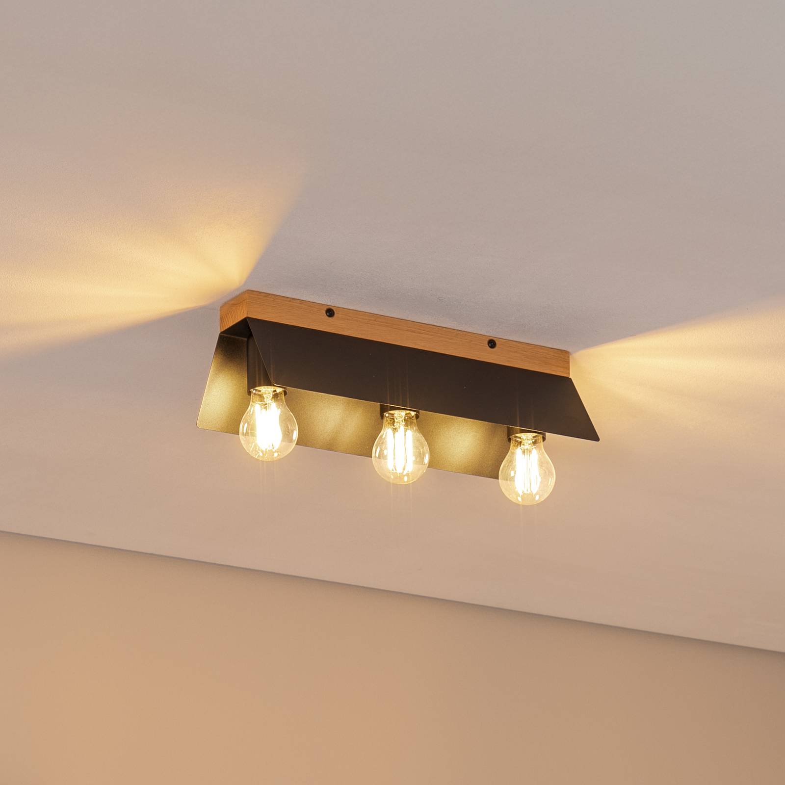 Deckenlampe Esme, schwarz, Länge 40 cm, Metall/Holz, 3-flg. günstig online kaufen