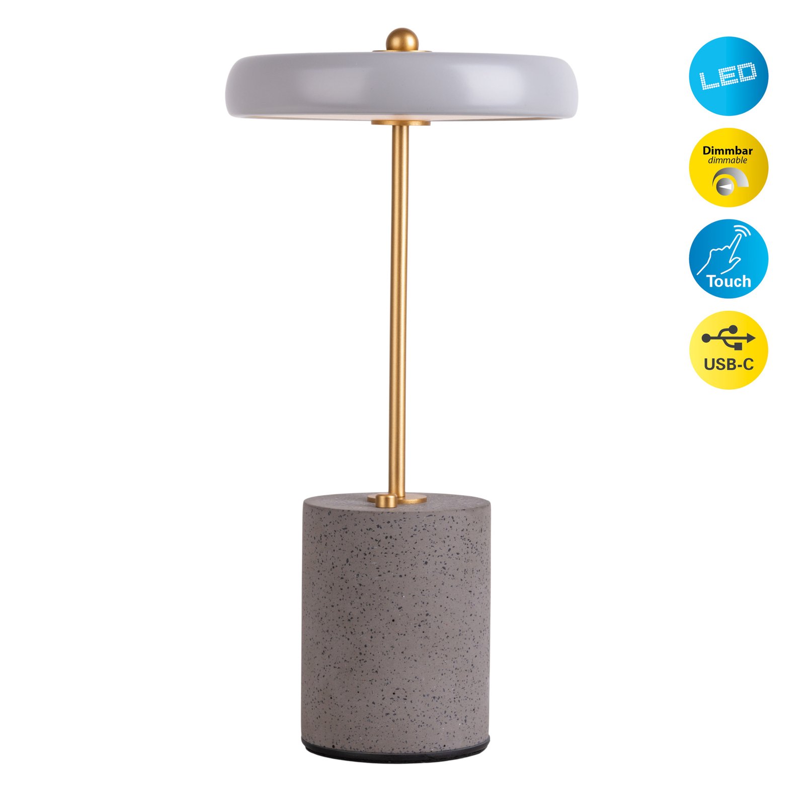 LED stolní lampa Seta, aku, cement, stínidlo šedá