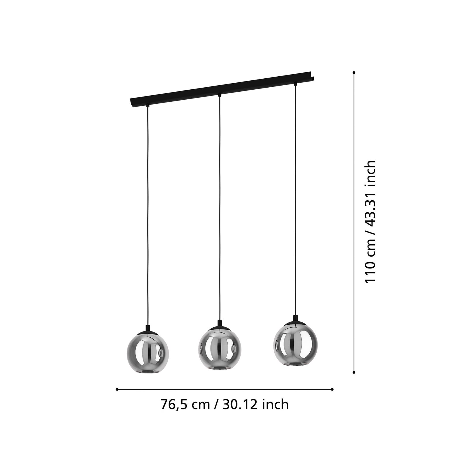 Závesné svietidlo Ariscani, dymovo sivá, dĺžka 77 cm, 3-pl. sklo E27