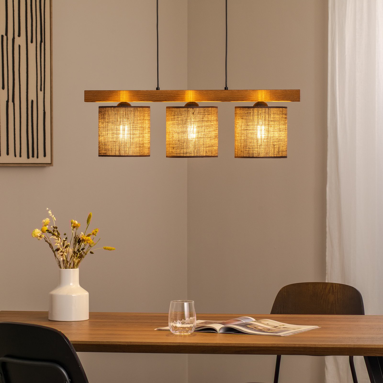 Candeeiro suspenso Forest, madeira clara/preta, juta castanha, 3 lâmpadas.