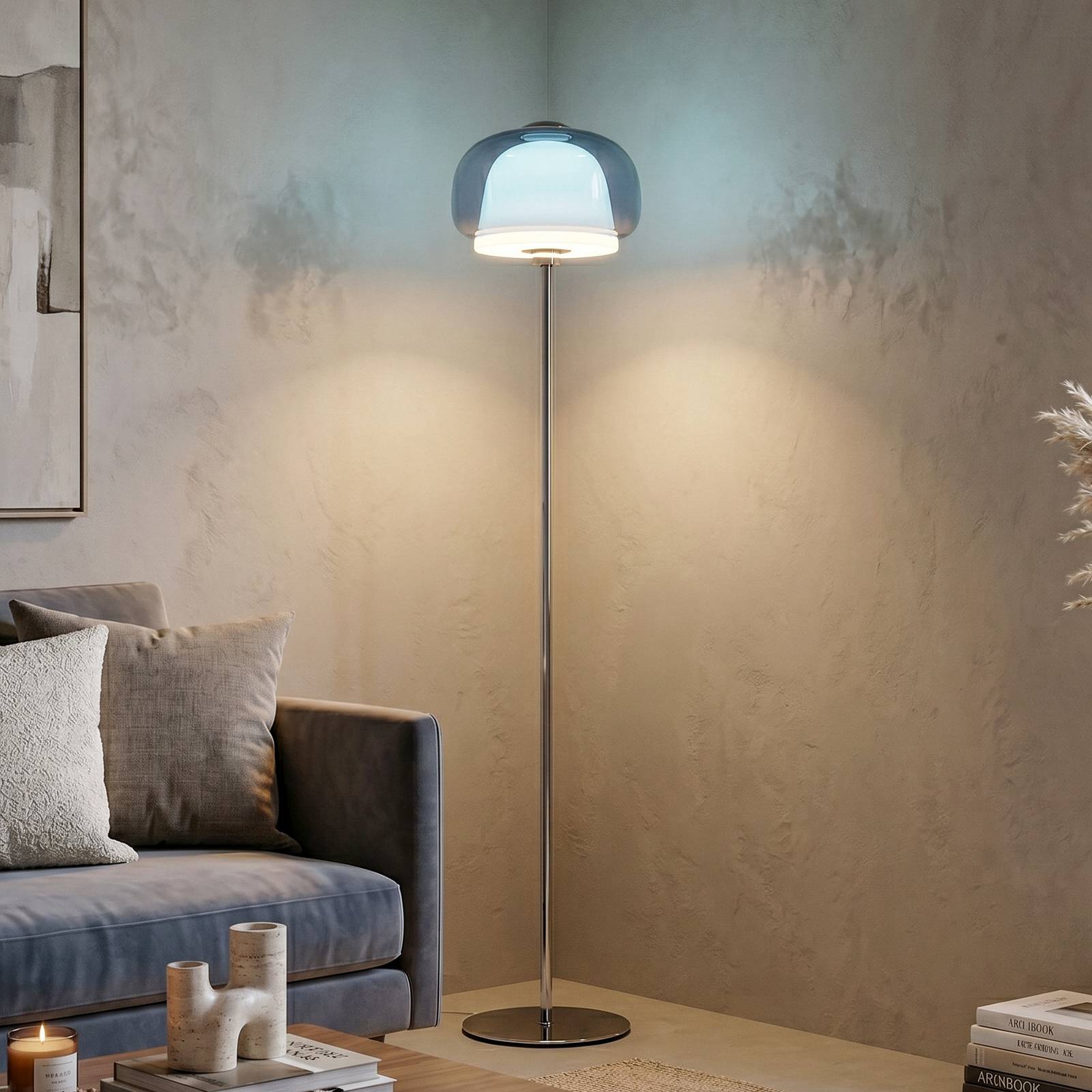 Lampa podłogowa Belomontejo, niebiesko-przezroczysta, szkło, stal, E27