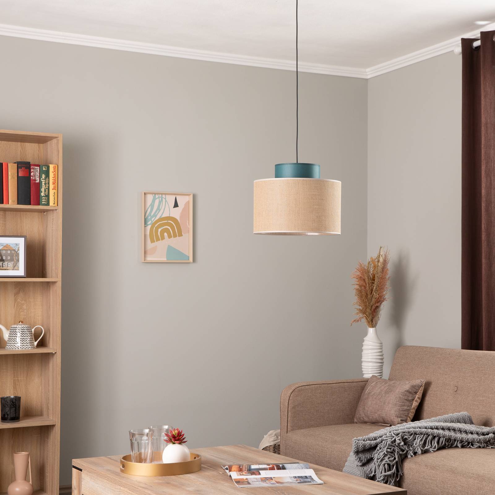 Lampa wisząca Duo, klosz z juty, petrol/naturalny brąz, Ø 38 cm