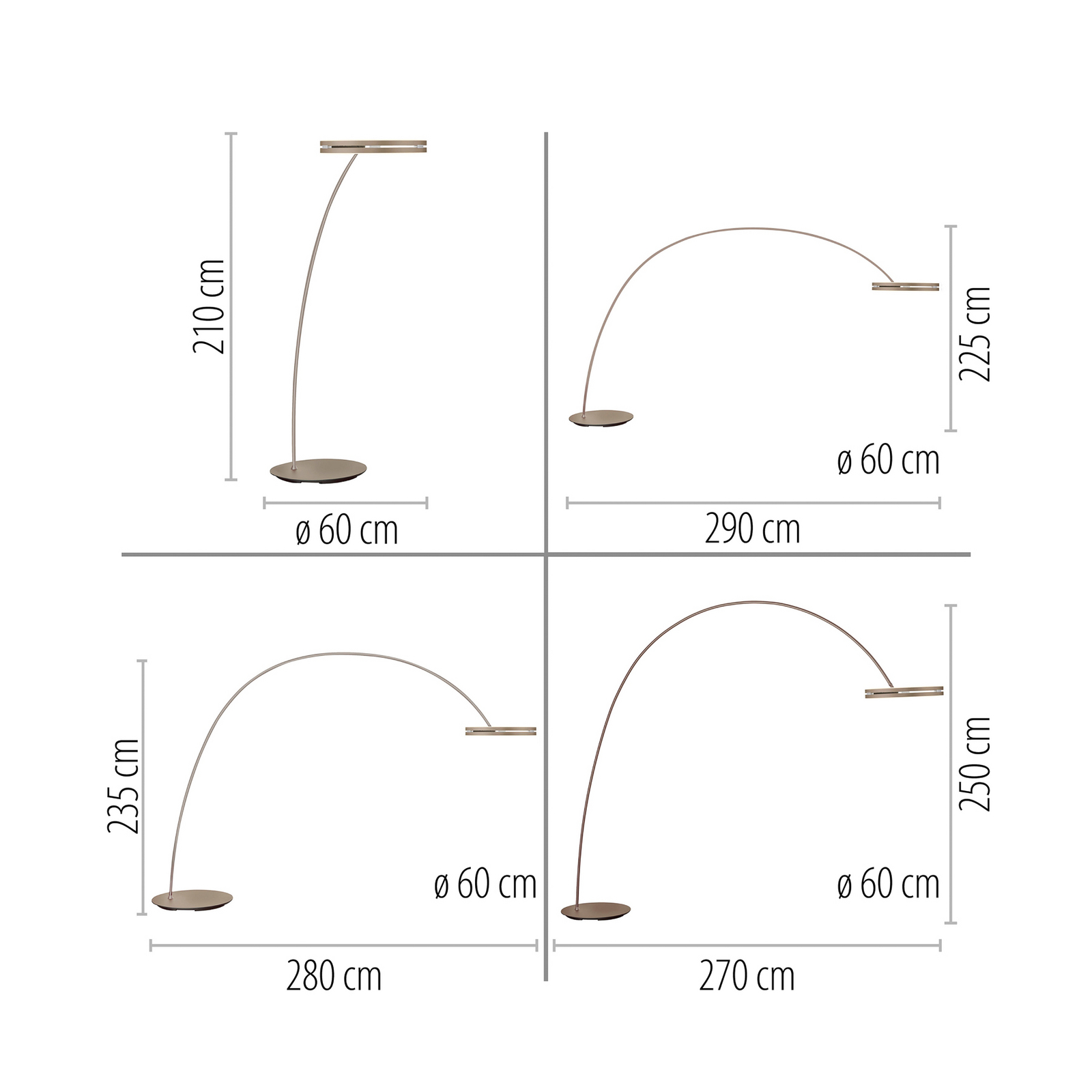 PURE LED vloerlamp Loop-Bow, bronskleurig, reikwijdte 290 cm