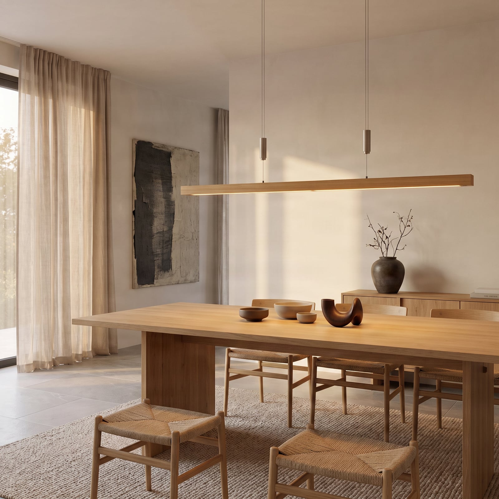 Lámpara colgante LED Nora de Quitani, roble natural, longitud 118 cm Lámpara colgante LED Nora de Quitani, roble natural, longitud 118 cm