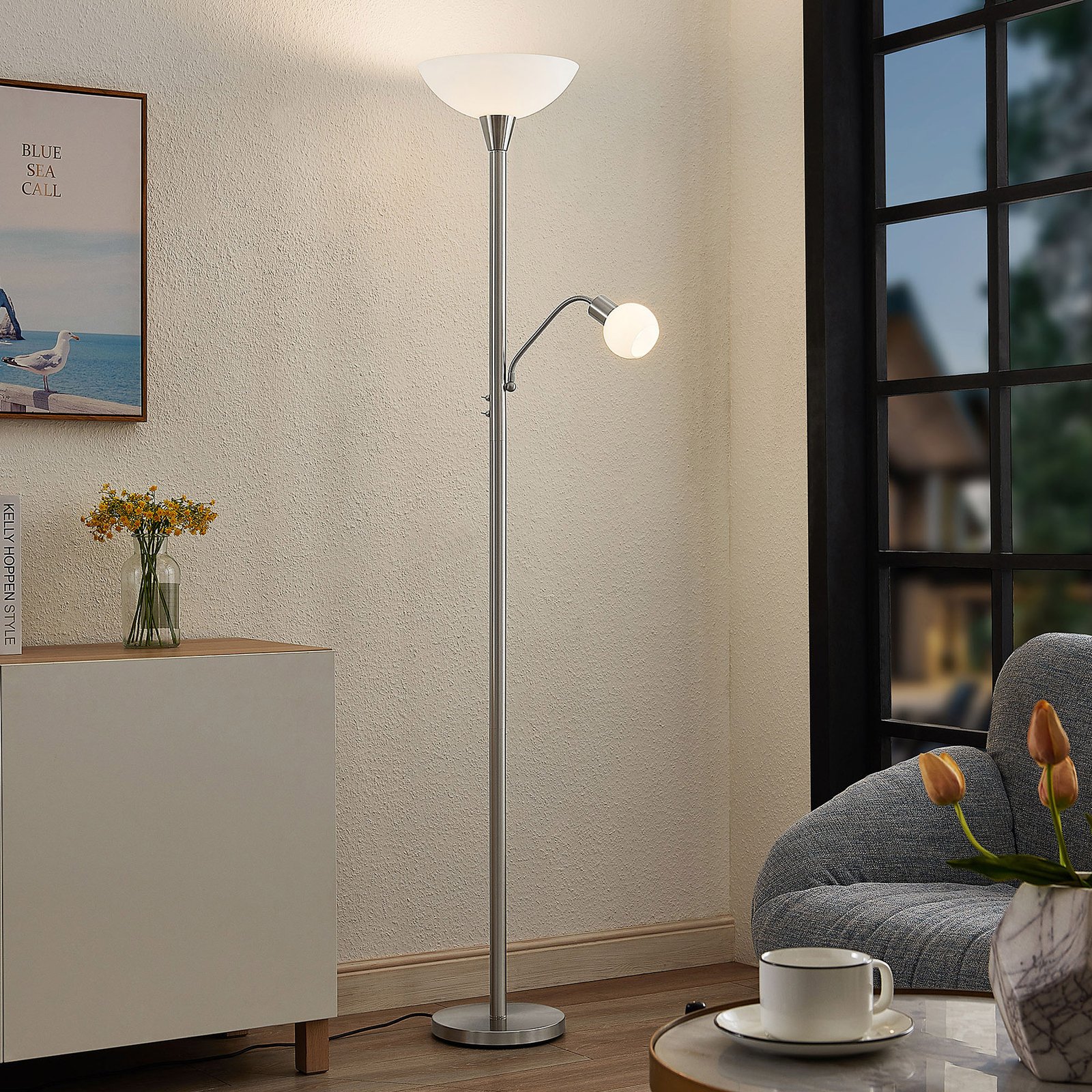 ELC Navisa floor lamp, reading light, matt nickel
