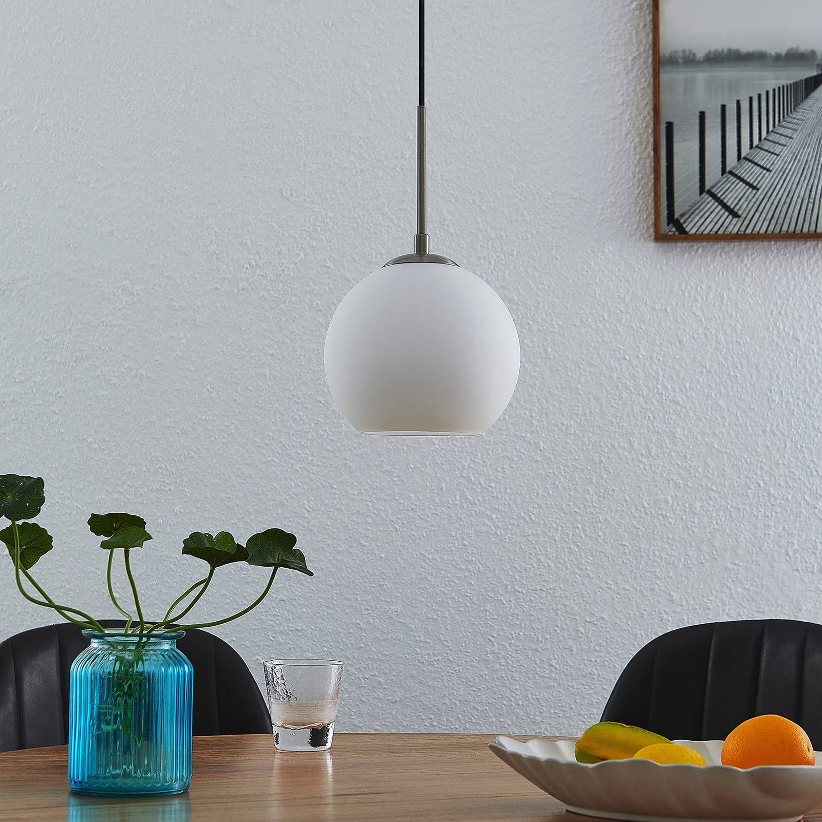 Lampa wisząca Lindby Jurian 1-punktowa, nikiel/opal