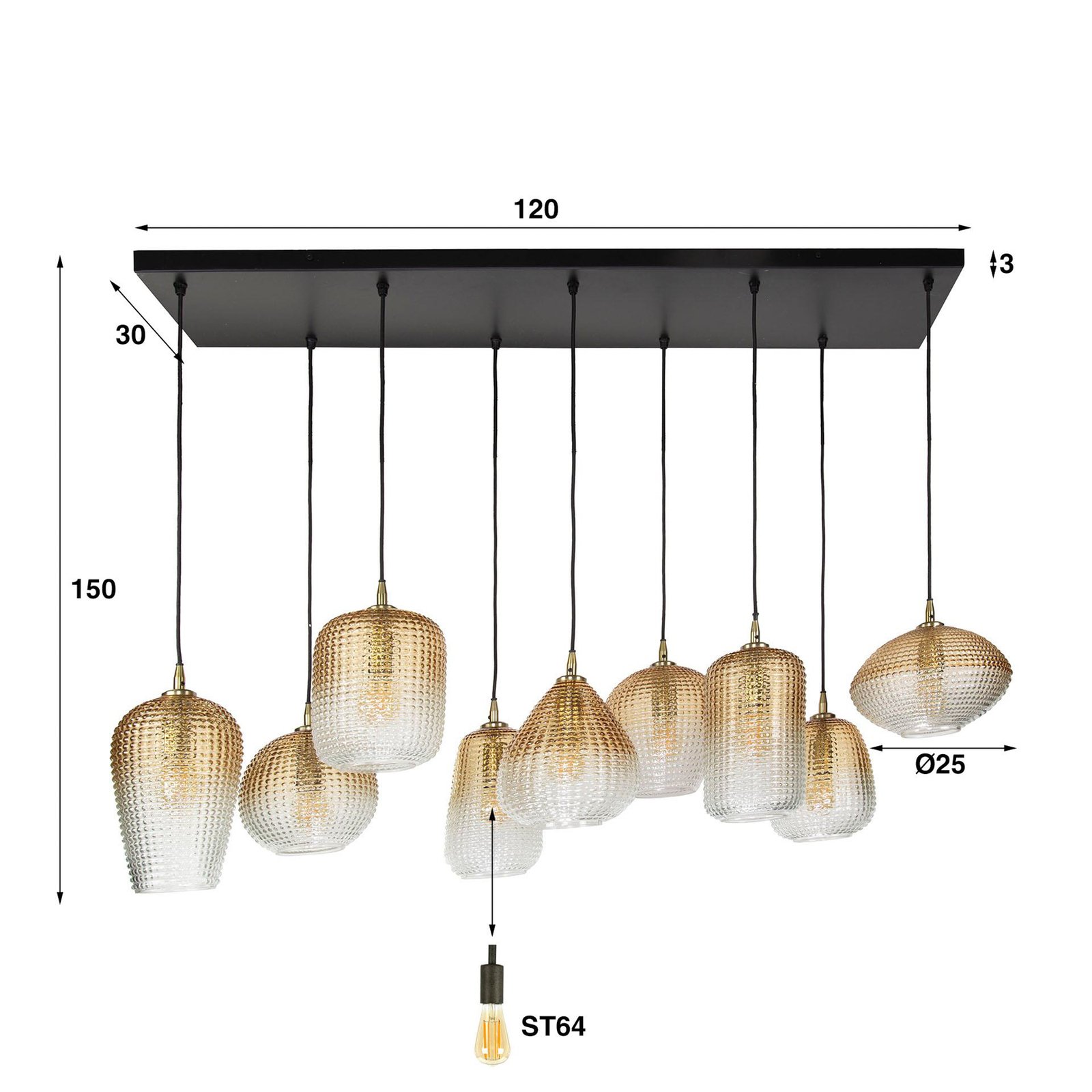 Hängeleuchte Dot, amber, 120 x 40 cm, Glas, 9-flammig