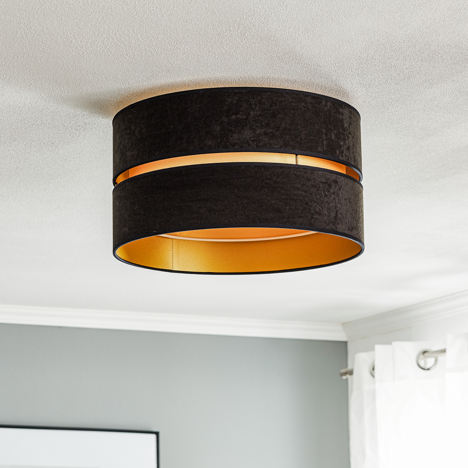 Duo ceiling light made of fabric, black/gold Ø40cm