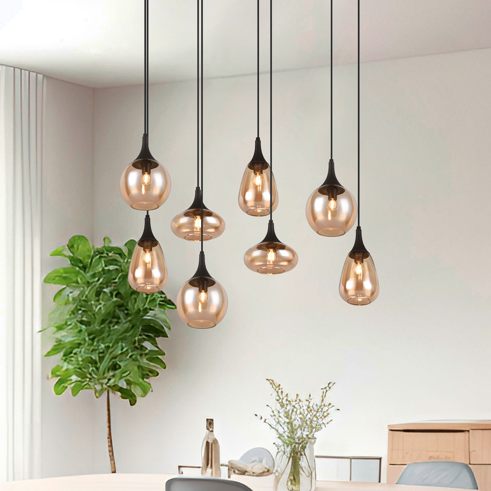 Trio Lighting Lumina 8 lumini negru/arămiziu sticlă - Camera de zi / sufragerie - modern - negru chihlimbar