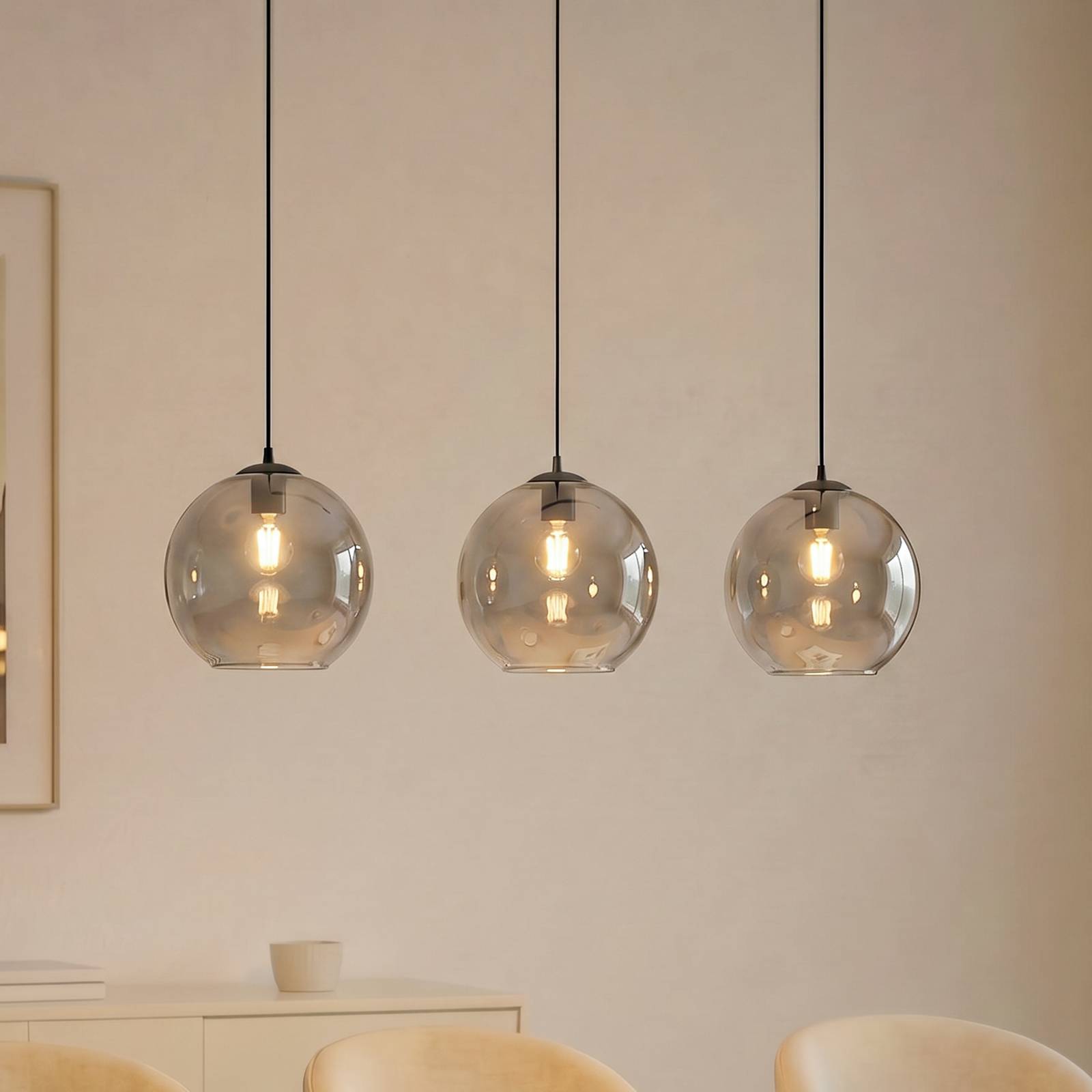 Suspension Lucande Brillar, gris fumé, verre, à 3 lampes, 128 cm