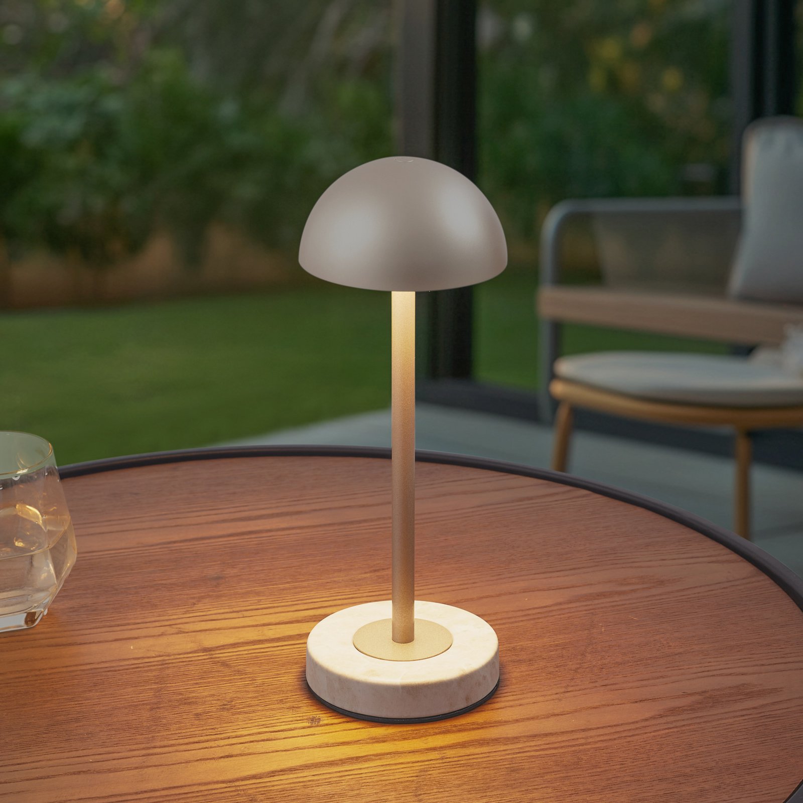 Pippin LED rechargeable table lamp, IP44, gold/travertine - Lindby