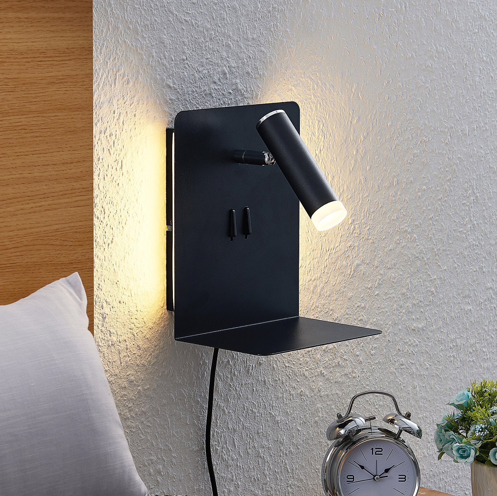 Lucande Zavi LED wall spotlight, shelf, USB, black