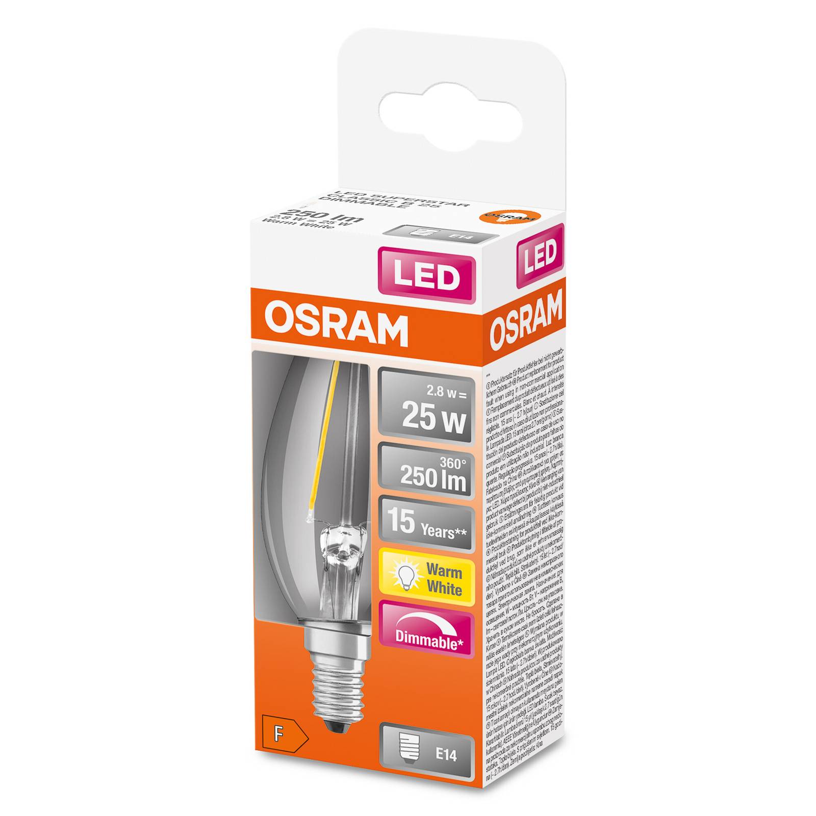OSRAM LED stearinlyslampe E14 2.8W 827 dimbar klar
