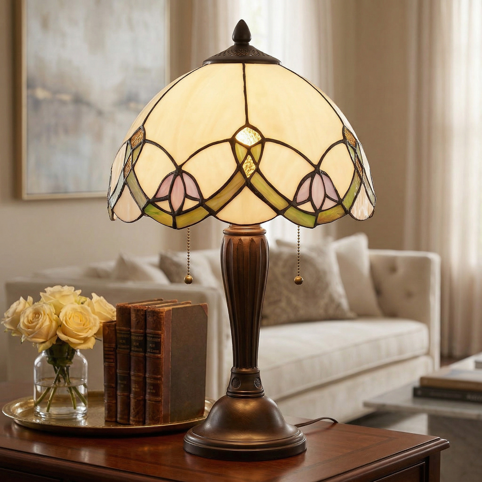 Clayre&Eef Lampă de masă 5918 în stil Tiffany alb-colorat - Camera de zi / sufragerie - alb colorat - Sticlă