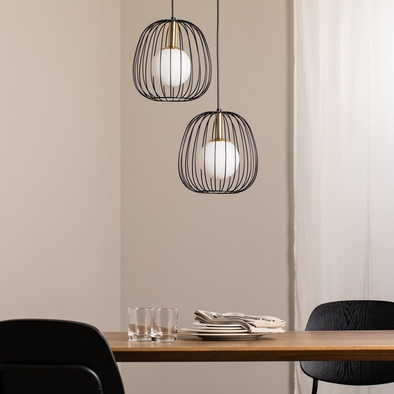Bell pendant light, 2-bulb, black/gold/white