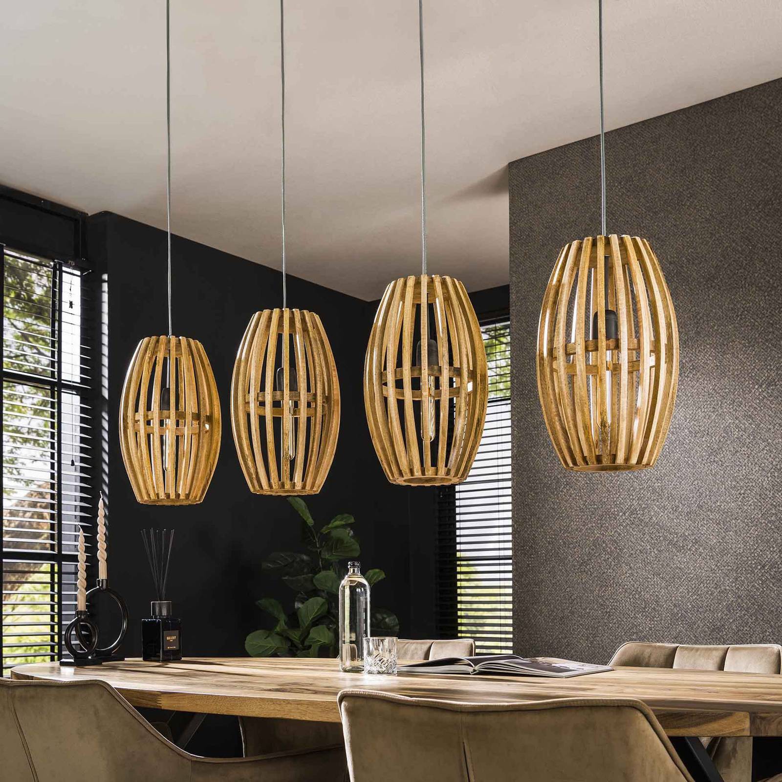 Lampa wisząca Orbit, naturalne drewno mango, długość 135 cm 4-punktowa.