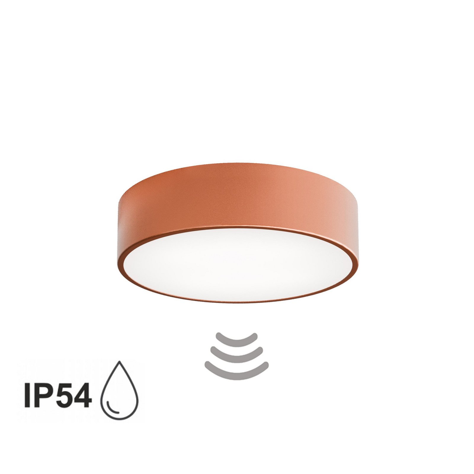Cleo 300 loftlampe, kobber, sensor, IP54, Ø 30 cm, metal