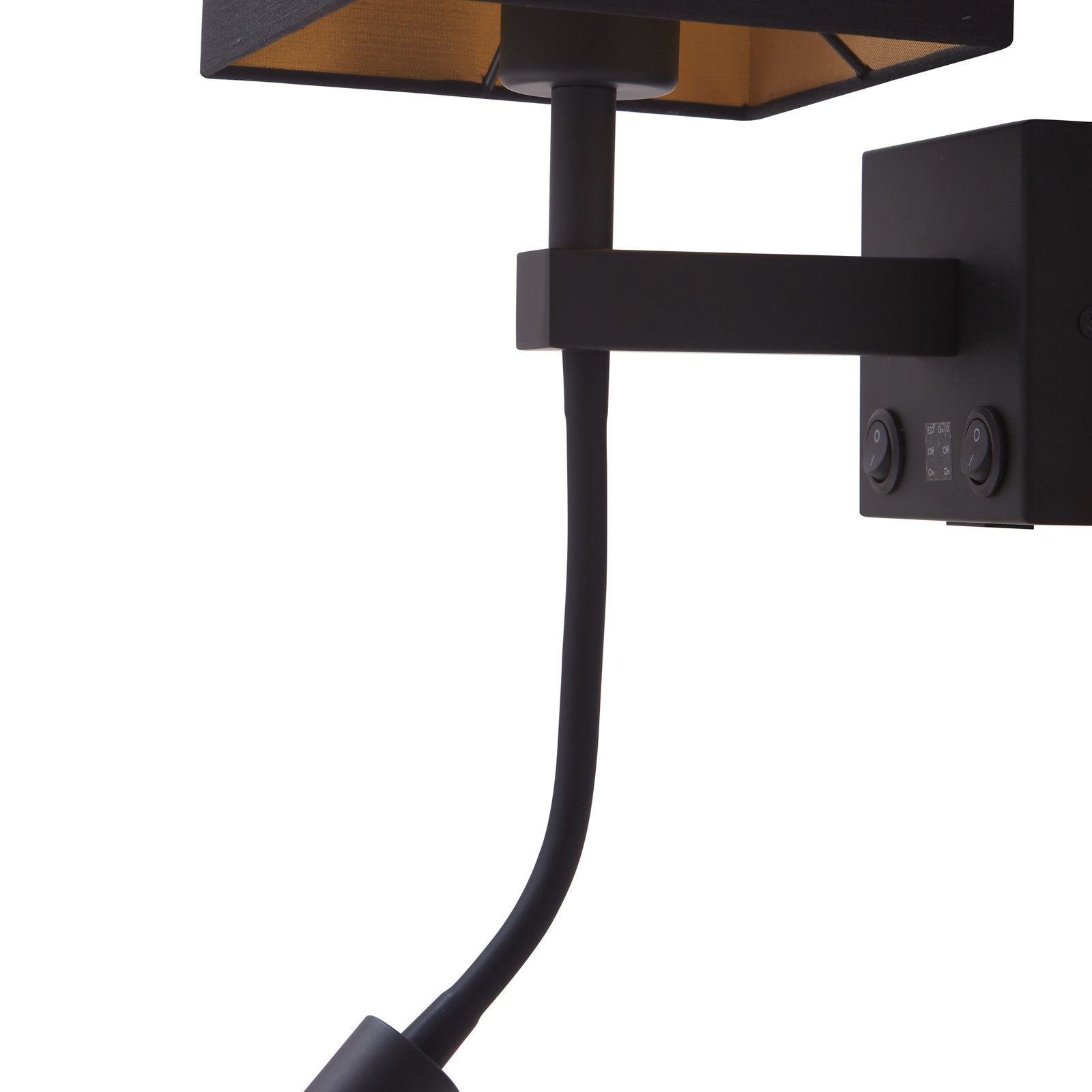 Lindby wandlamp Thorid, zwart/goud, stof, USB, flexibele arm