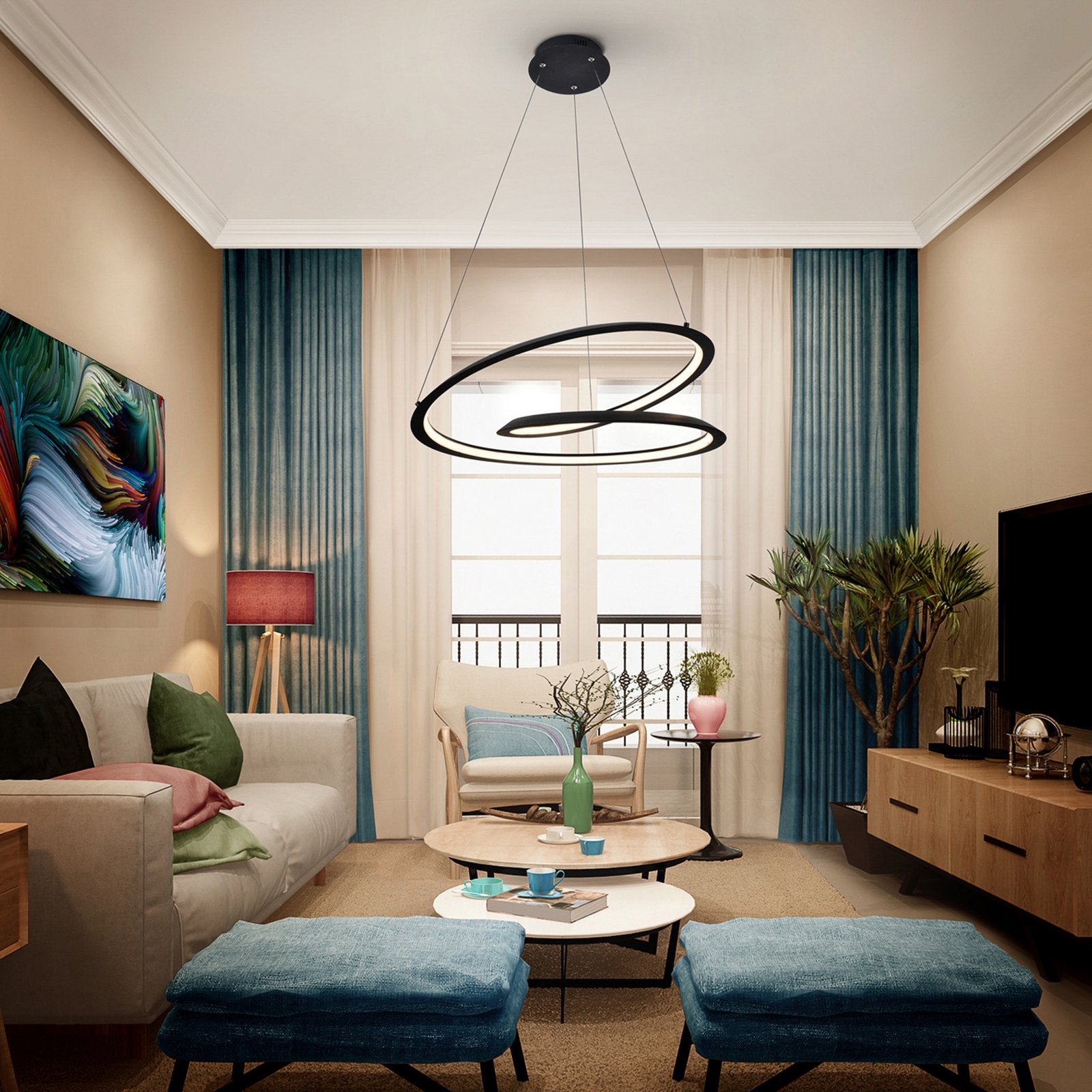 Looping LED pendant light, black. Metal, aluminium. Ø 60 cm