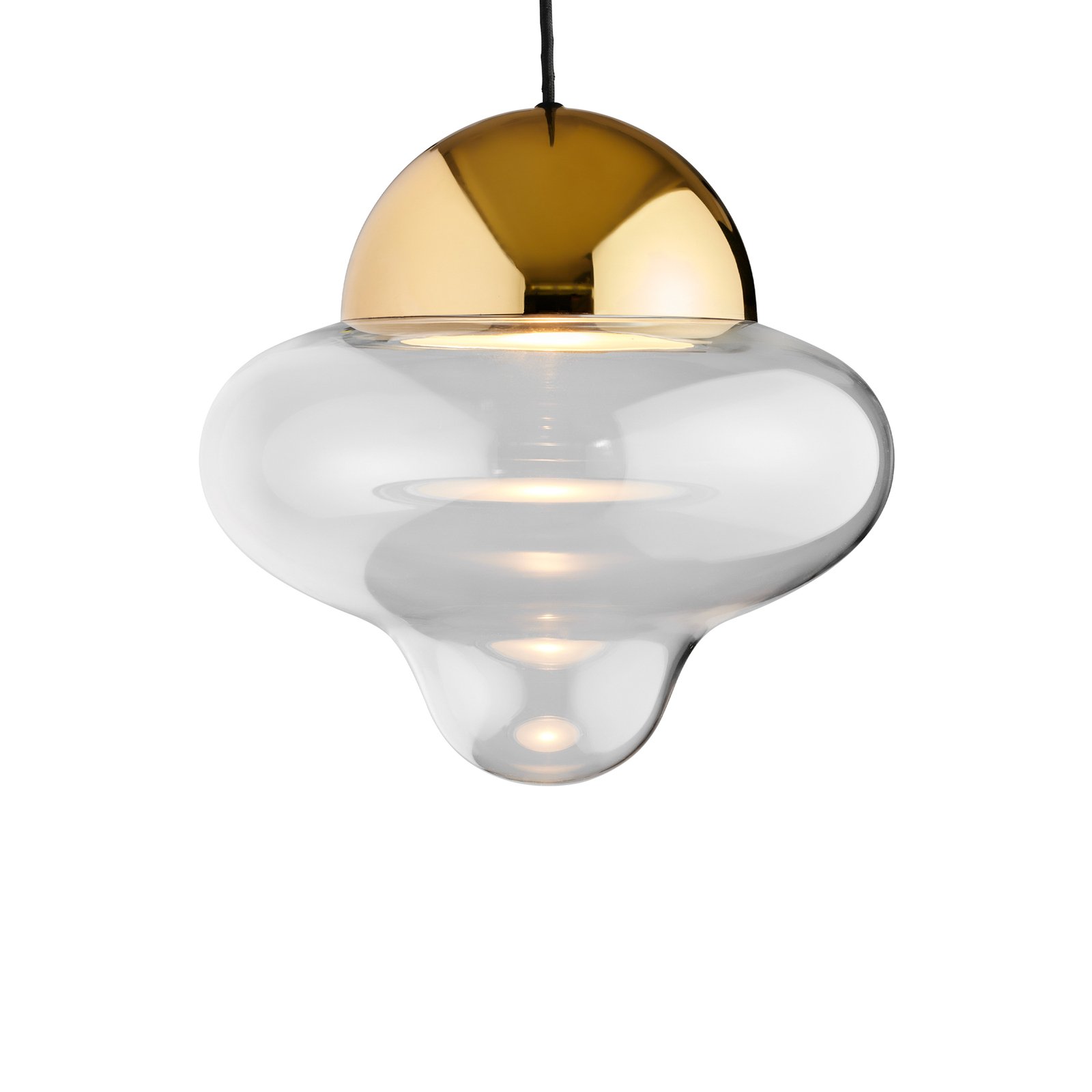 Candeeiro suspenso LED Nutty XL, transparente / dourado, Ø 30 cm, vidro