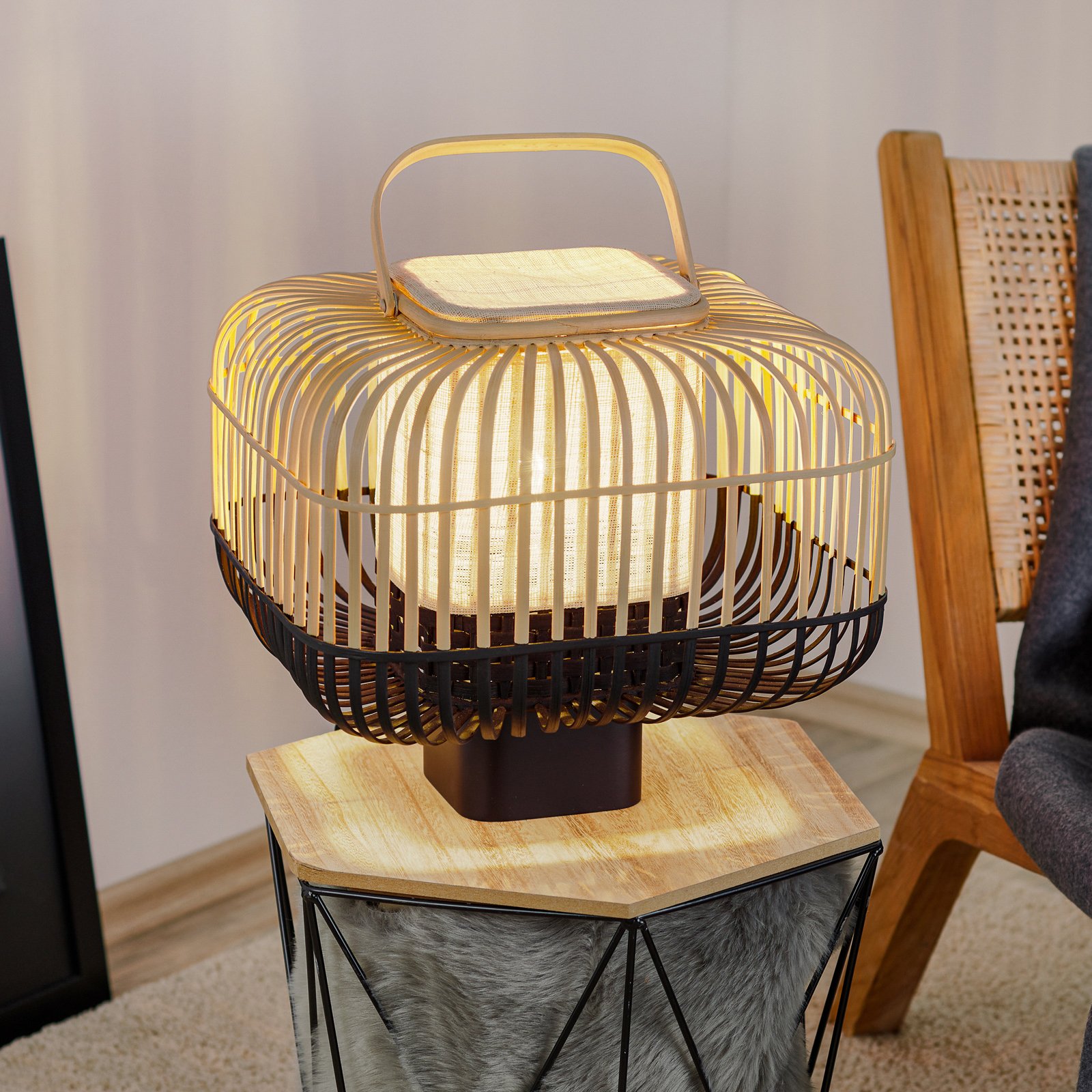 Forestier Bamboo Square S table lamp in black, for Living / Dining Room, bamboo, wood, E27, 60 W, energy efficiency: A++, H: 41 cm