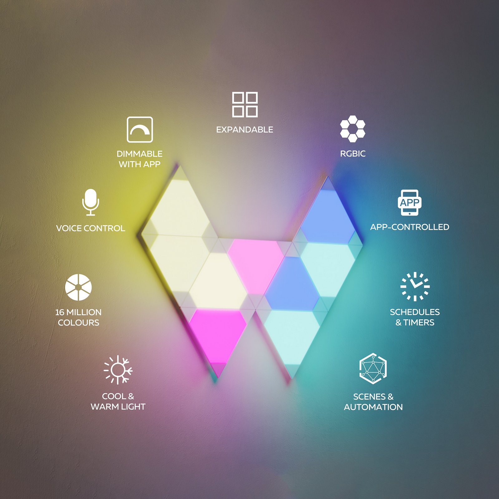 Applique murale LED intelligente Calex TRIANGLES, 9 pièces, RGBW, à intensité Applique murale LED intelligente Calex TRIANGLES, 9 pièces, RGBW, à intensité