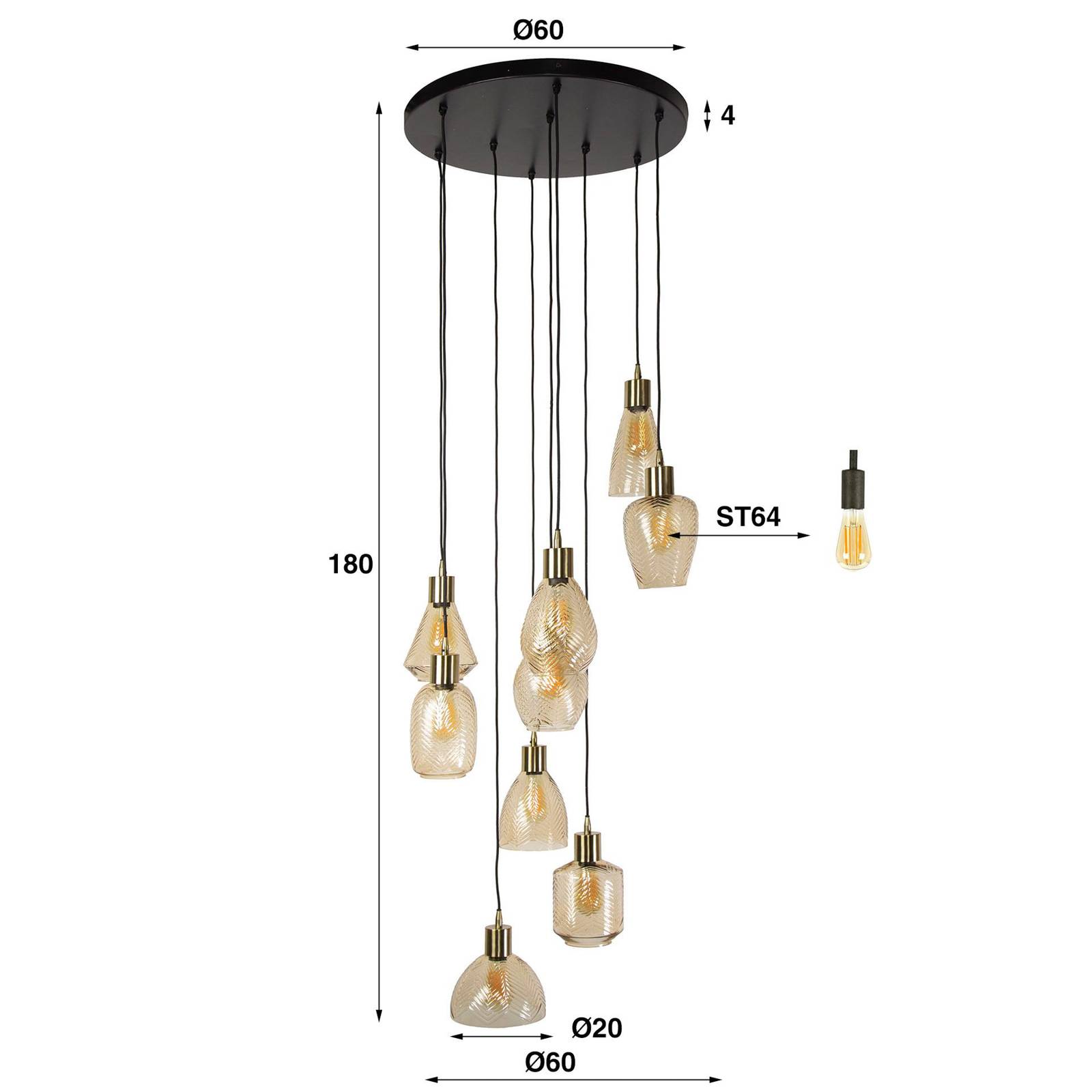 Lampa wisząca Leaf, bursztyn, Ø 60 cm, szkło, 9-punktowa