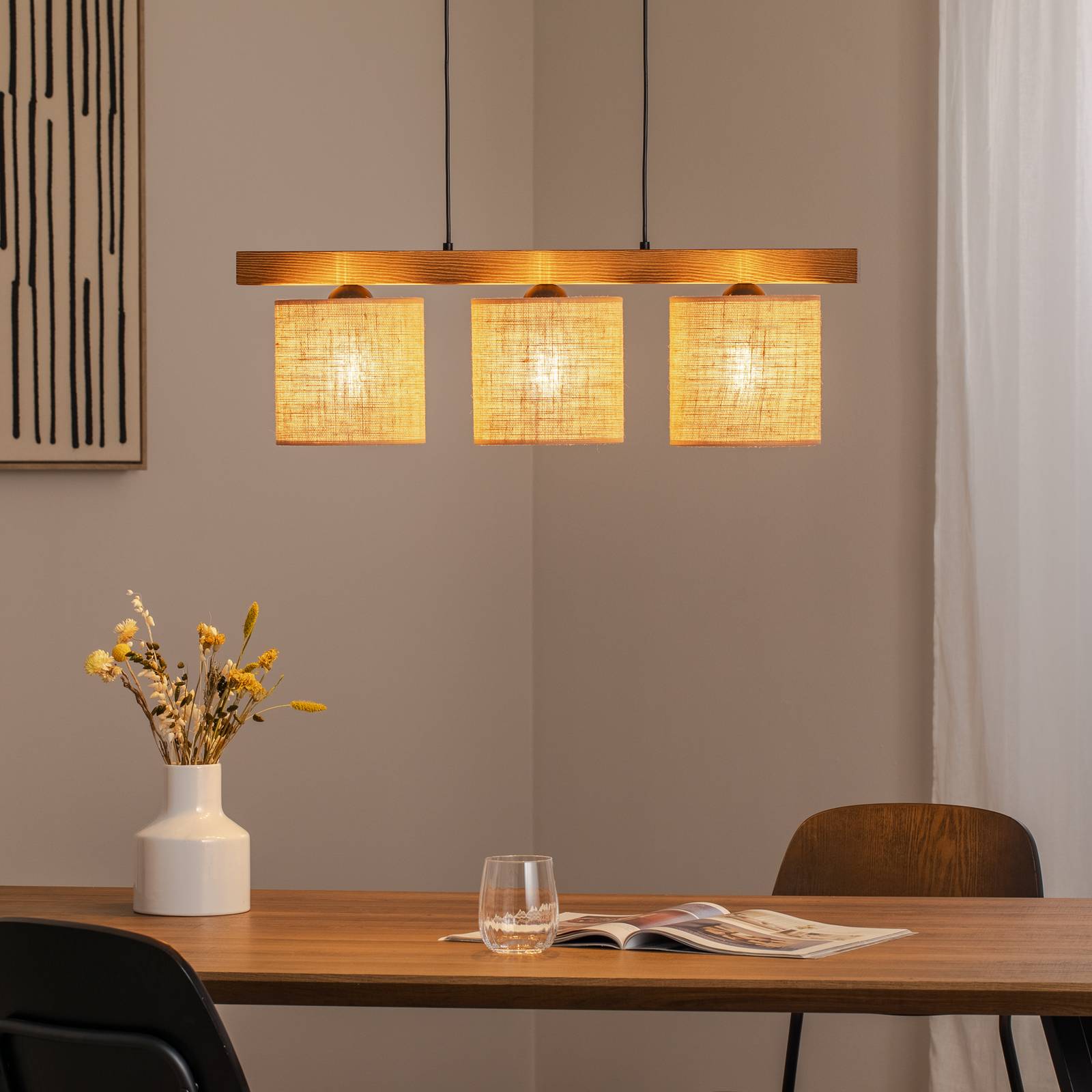 Pendellampe Forest, Holz hell/schwarz, Jute natur, 3-fl. günstig online kaufen