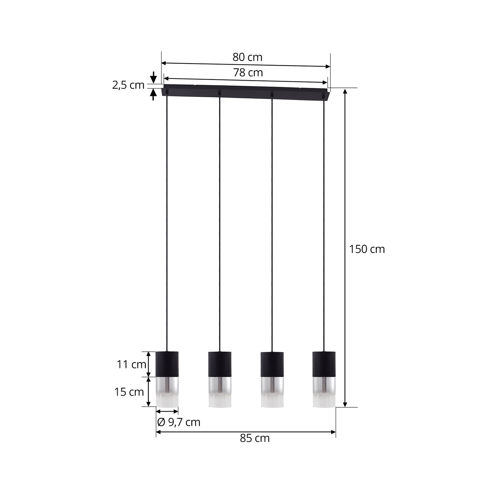 Lindby Suspension Svante, 4 lampes, noir, verre, 85 cm