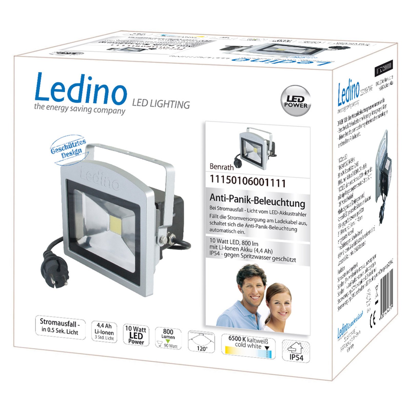 LED-Strahler Benrath, Anti-Panik-Leuchte mit Akku