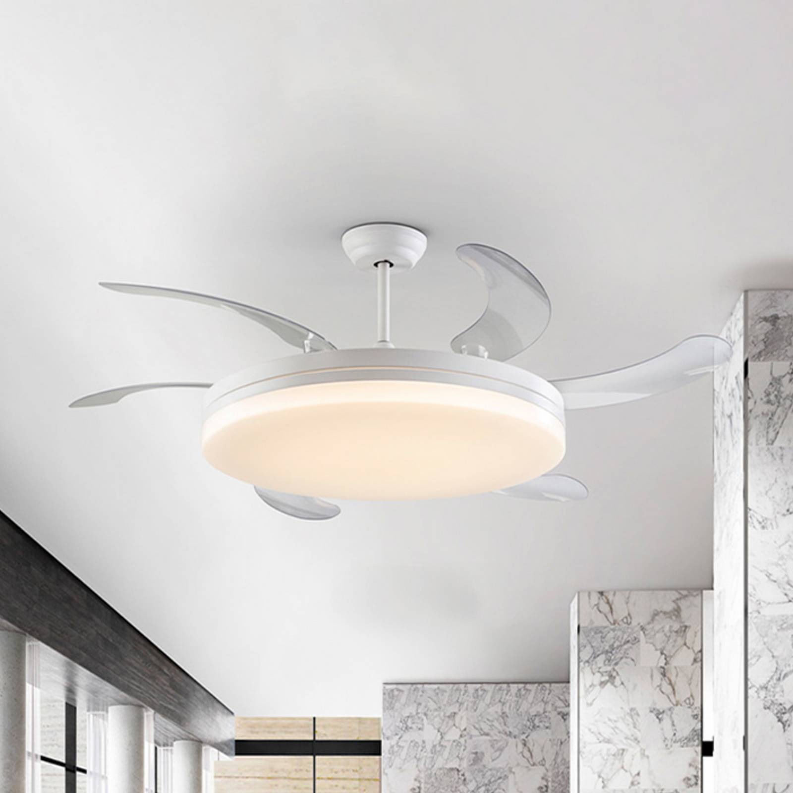Schuller Valencia LED ceiling fan Vento white/clear, DC Ø 150 cm quiet