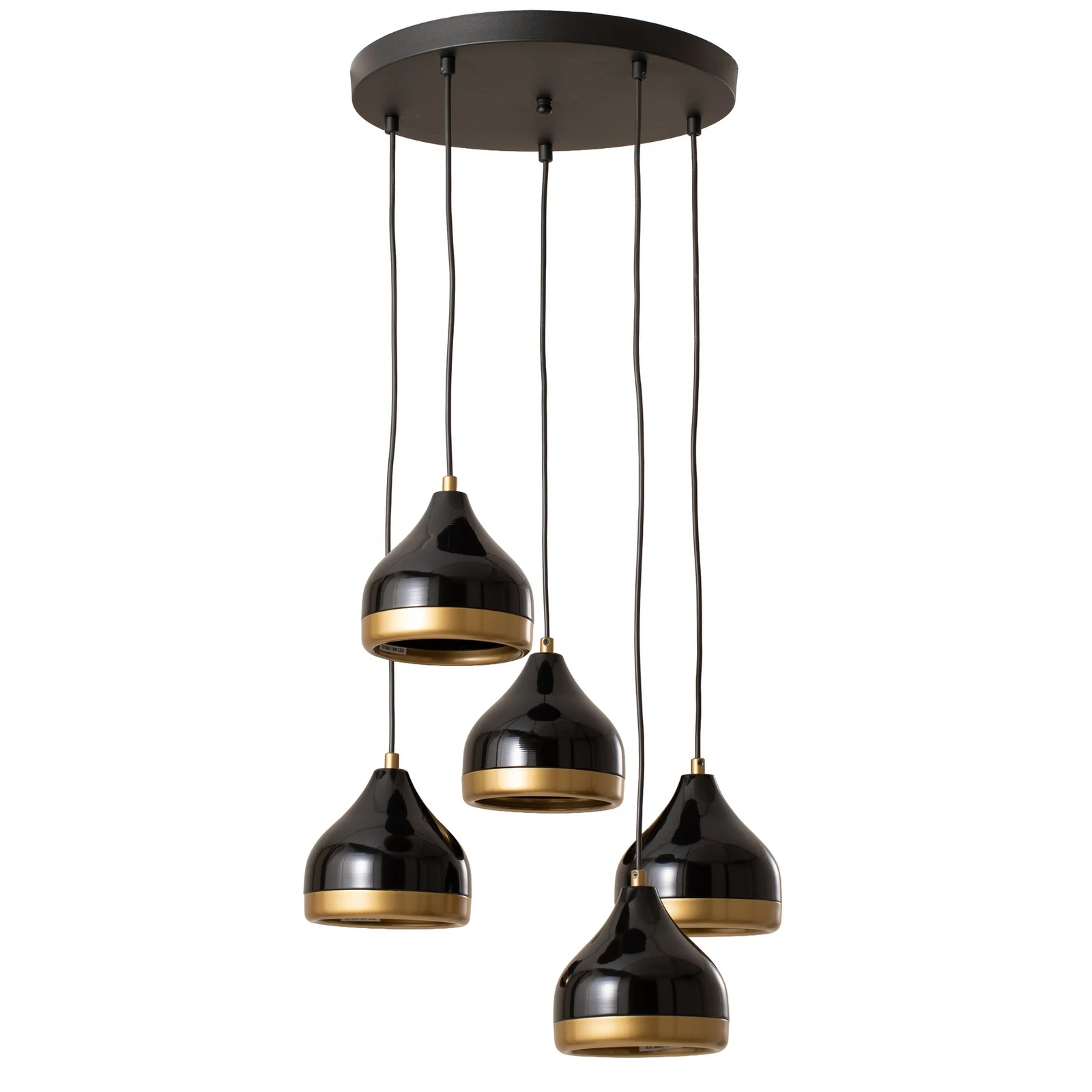 Hänglampa Yildo, 5 lampor, rondell, svart/guld, Ø43 cm