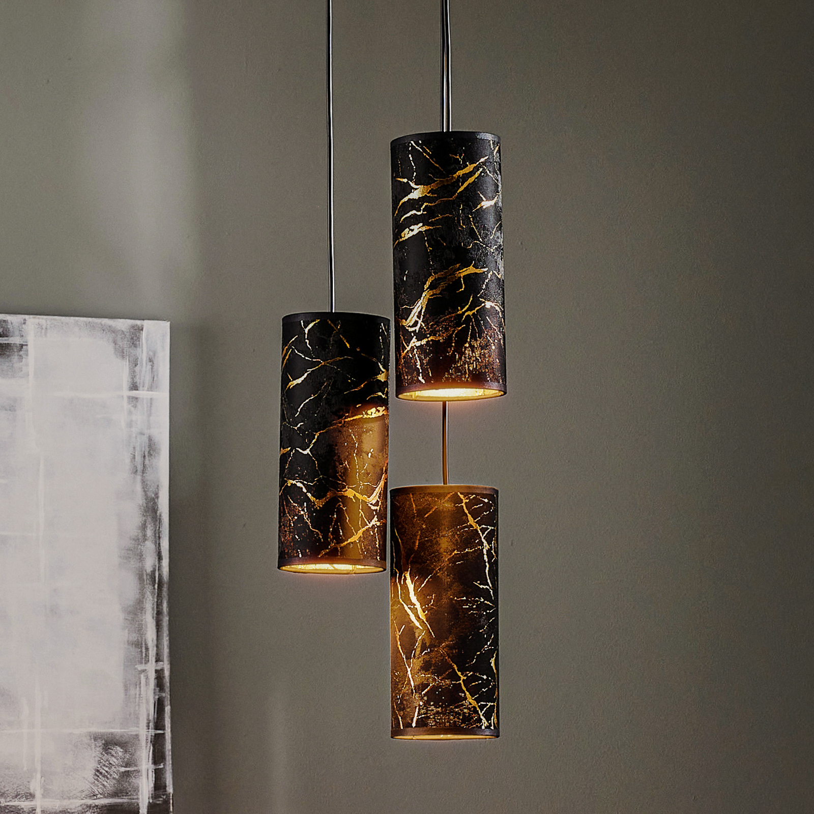 Joni pendant light 3-bulb round black-marbled