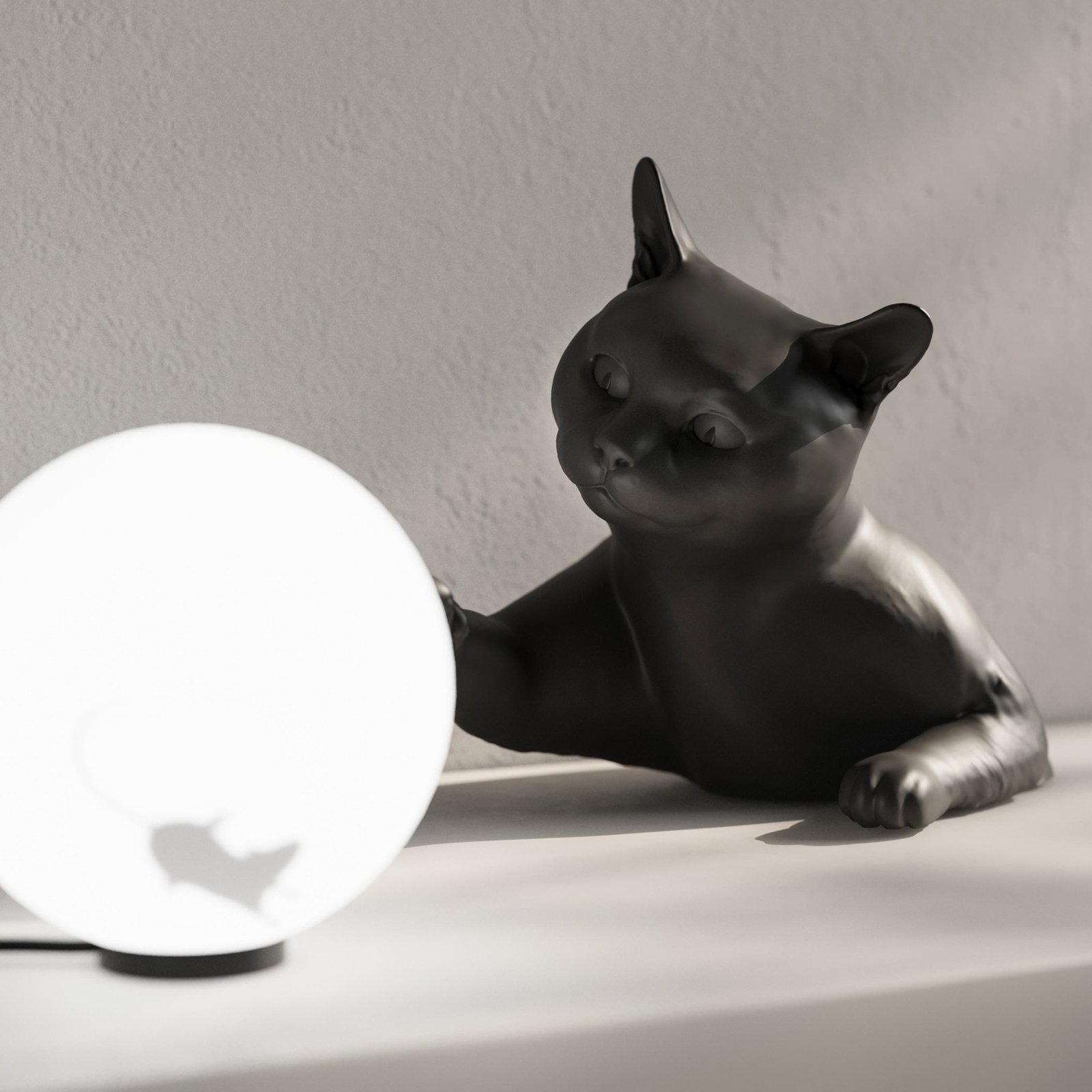 Karman table lamp Maoo, black ceramic, glass, cat figurine