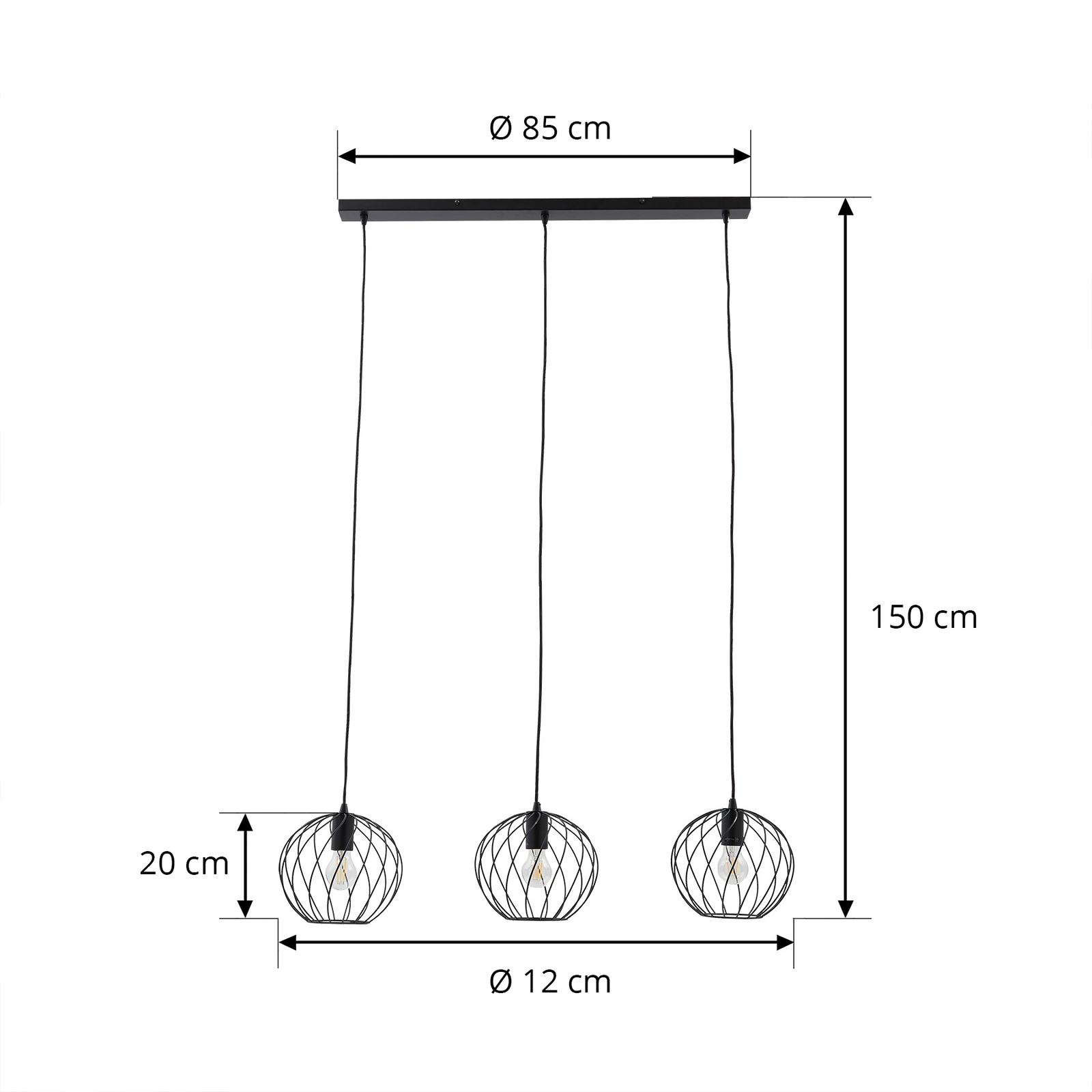 Lindby hänglampa Danika, 105 cm lång, svart, metall