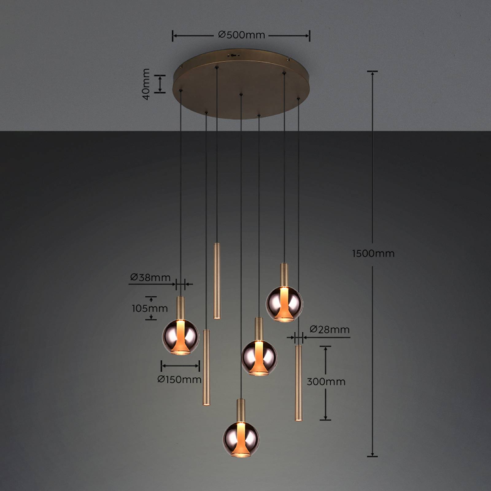 LED-hengelampe Melaro, Ø 59 cm, platina, metall/glass, CCT, 7 lyskilder