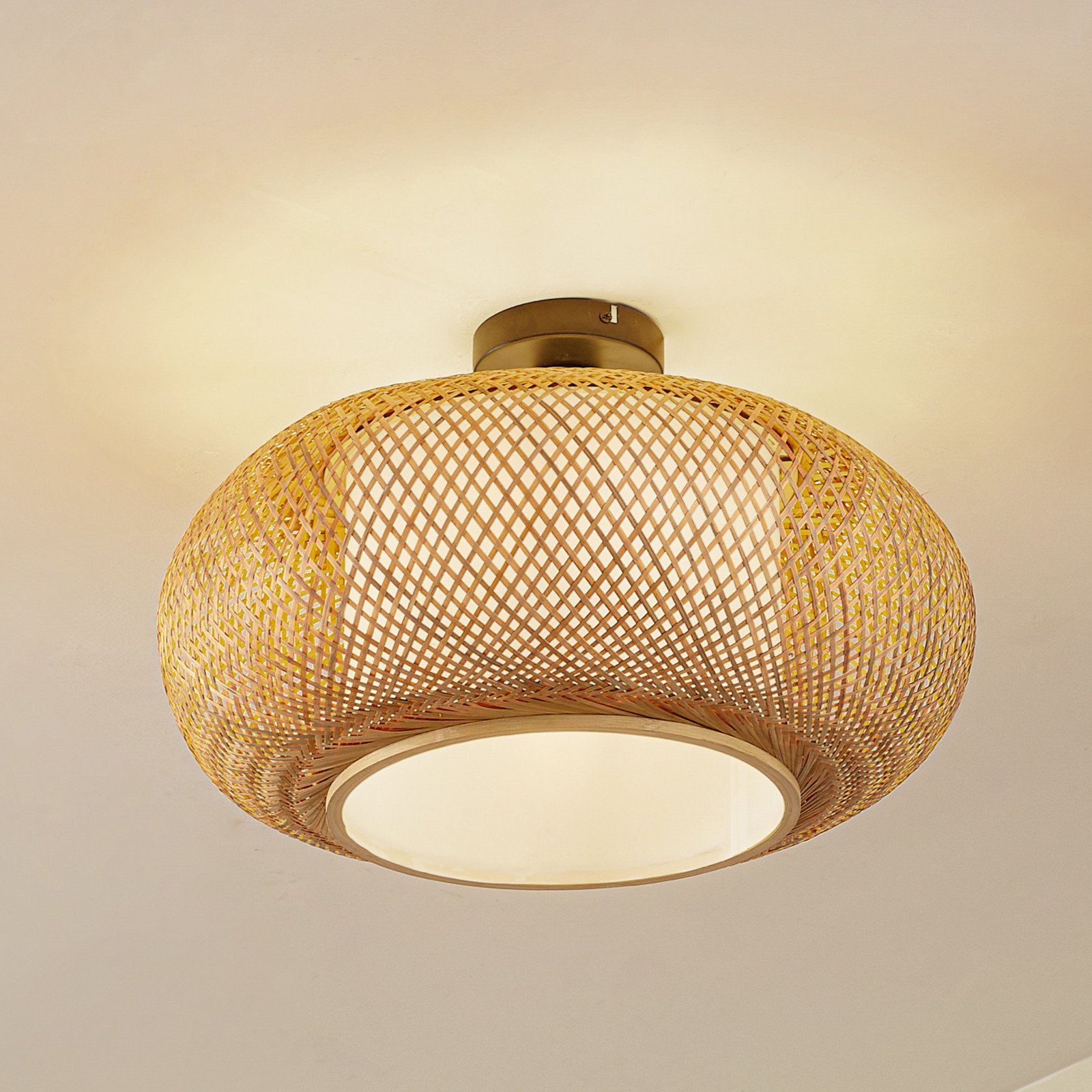 Lindby plafonieră Romaine bambus natural/alb Ø 50 cm - Camera de zi / sufragerie - Casă de țară / Rustic - Lemn deschis alb - Bamboo