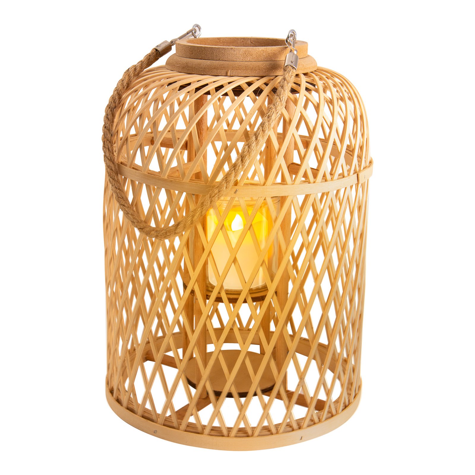 Lanterna solare LED cesto bambù alta 38cm naturale