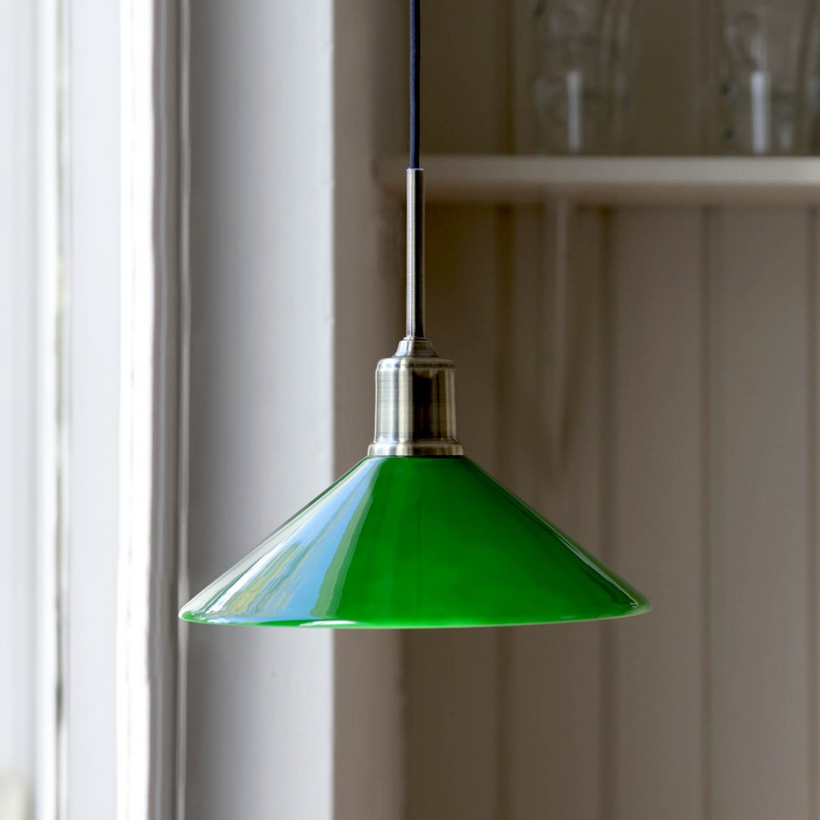 Hanglamp Vela, groen/oud messing, glas/ijzer Ø 25 cm stekker