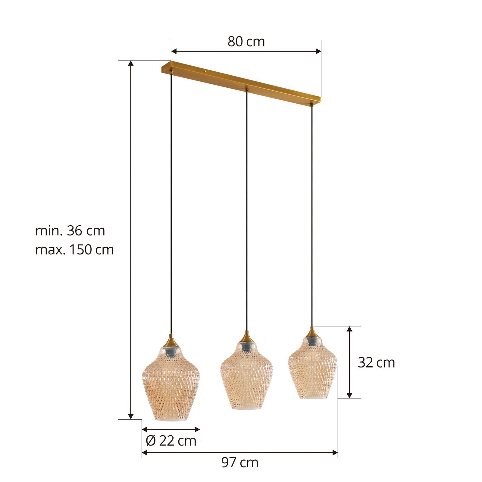 Lindby Drakar pendant light, 3-bulb, amber, Ø 22cm