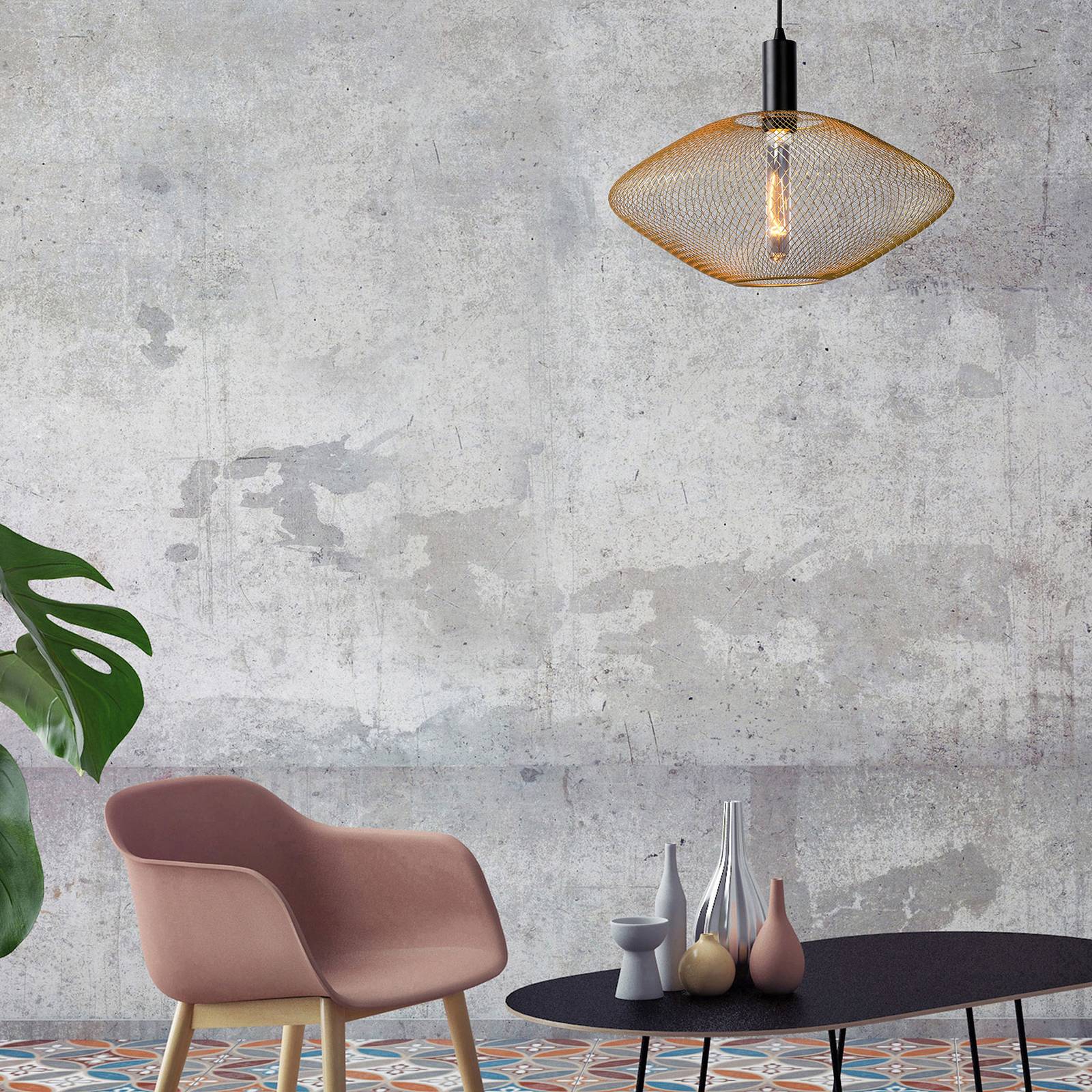 Lucide hanglamp Mesh, trapezevormig, Ø 45 cm, goud, voor woon-/ eetkamer, metaal, stof, E27, 40 W, H: 21 cm