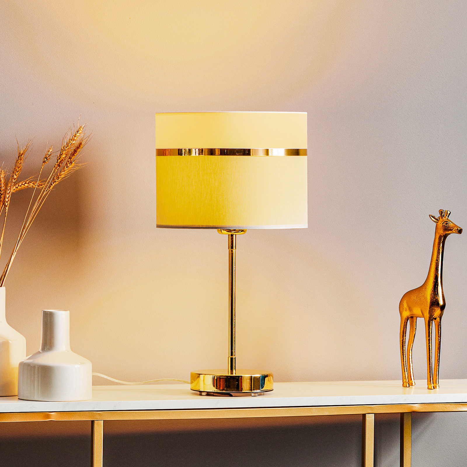 Textilbordslampa Long vit/grå/mässing