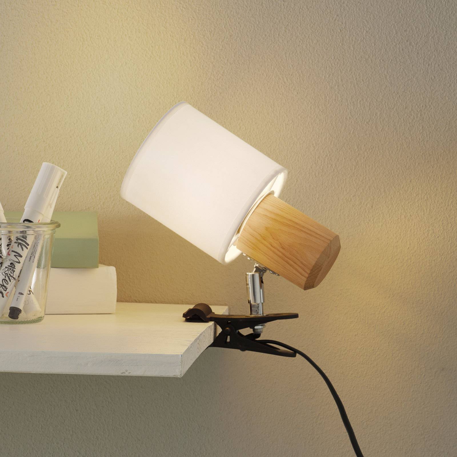 Euluna Modern clip-on light Clampspots, white lampshade, for Living / Dining Room, wood, metal, E27, 25 W, W: 10 cm, H: 18 cm