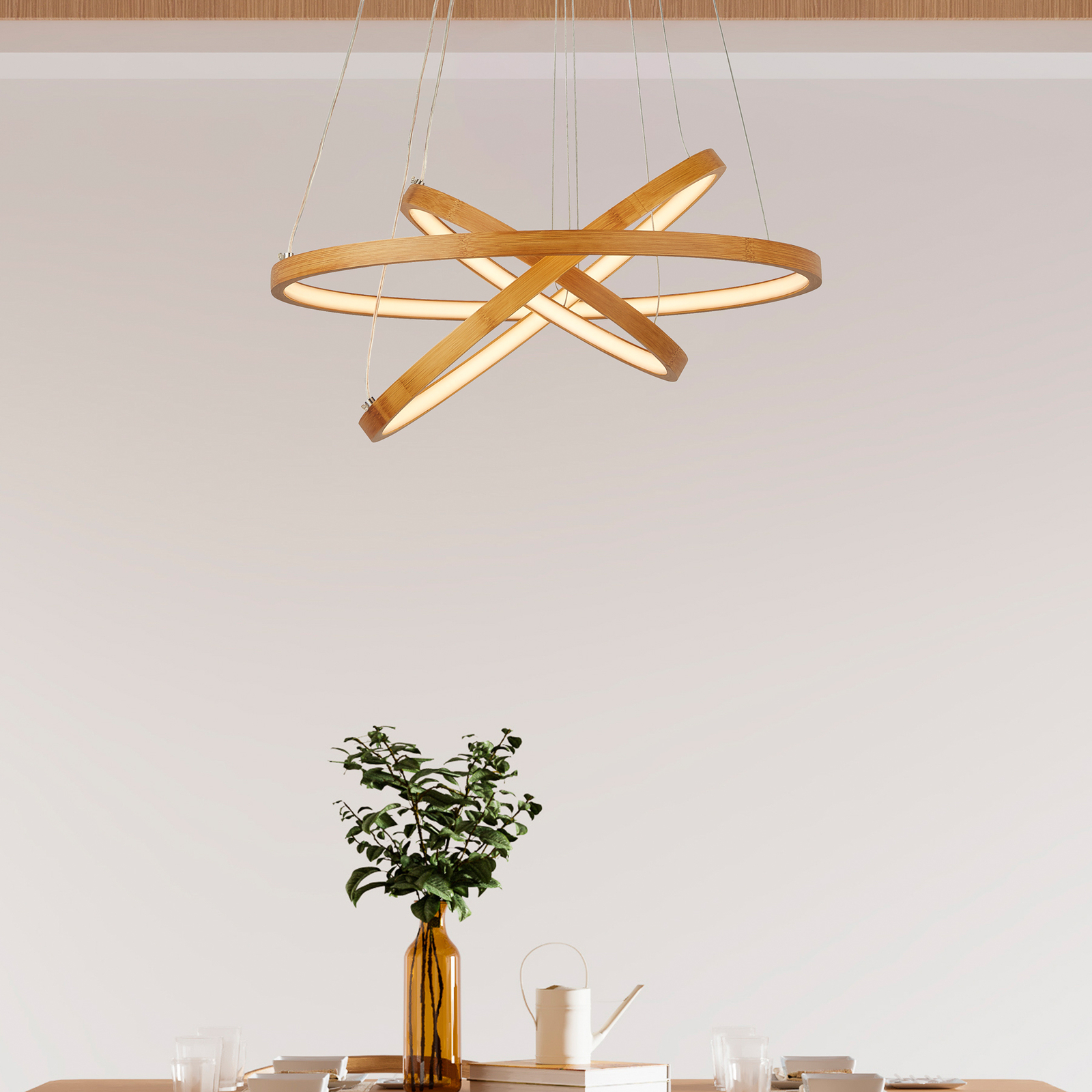 LED pendant light Eternity, gold-coloured, bamboo, Ø 50 cm